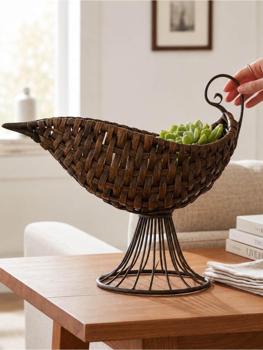 Woven Rattan Wrought Iron Fruit Basket Pedestal Stand Centerpiece MCM Boho - Picture 1 of 7